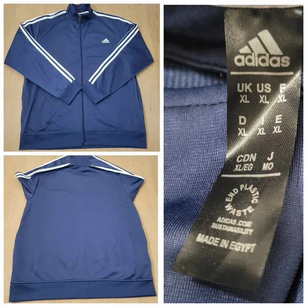 Adidas Track Jacket Mens XL Blue Striped Full Zip Pockets Three Stripe Logo